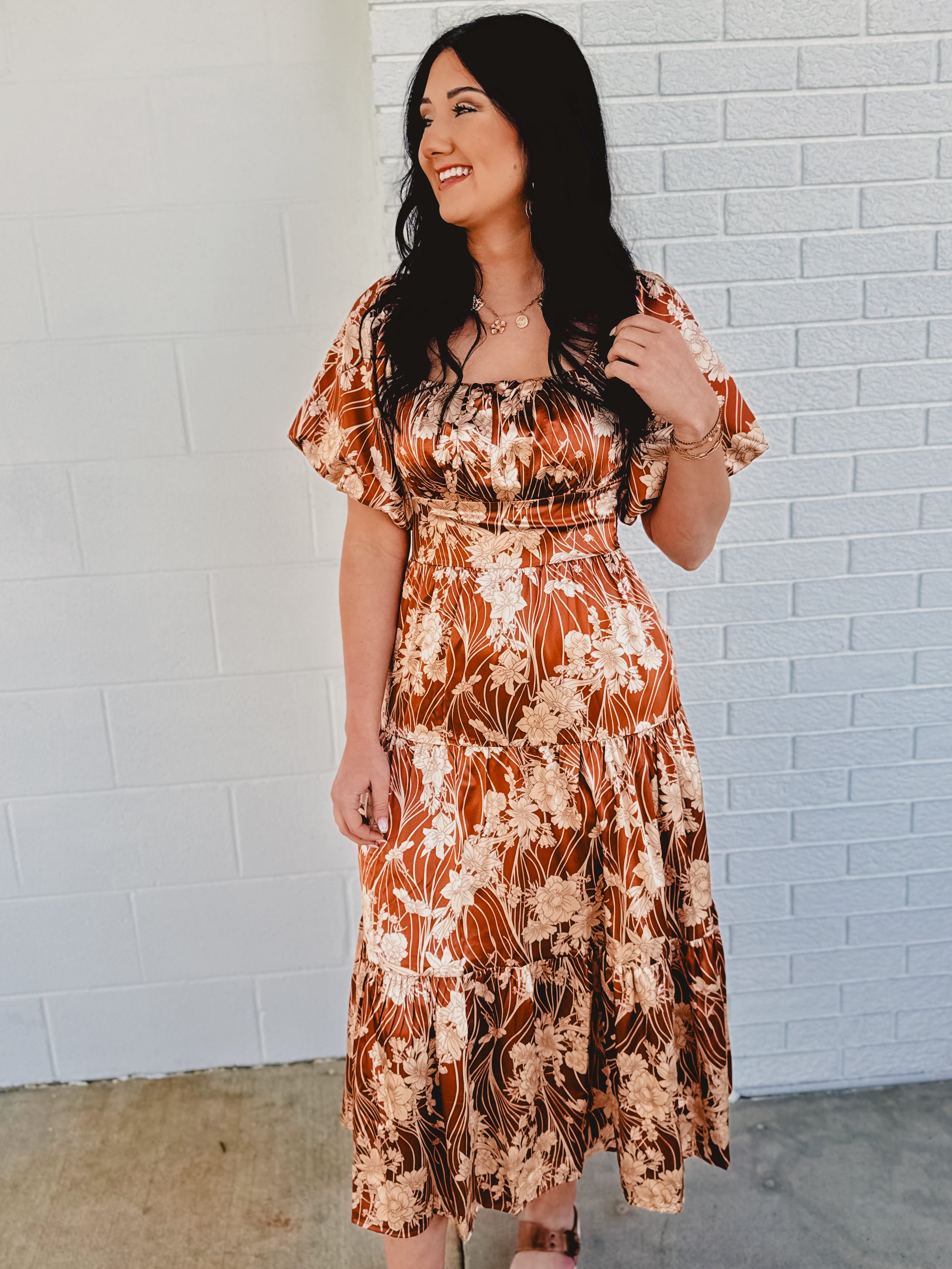 Puff Sleeve Floral Silky Maxi Dress - Butterscotch Puff Sleeve Floral Silky Maxi Dress - Butterscotch