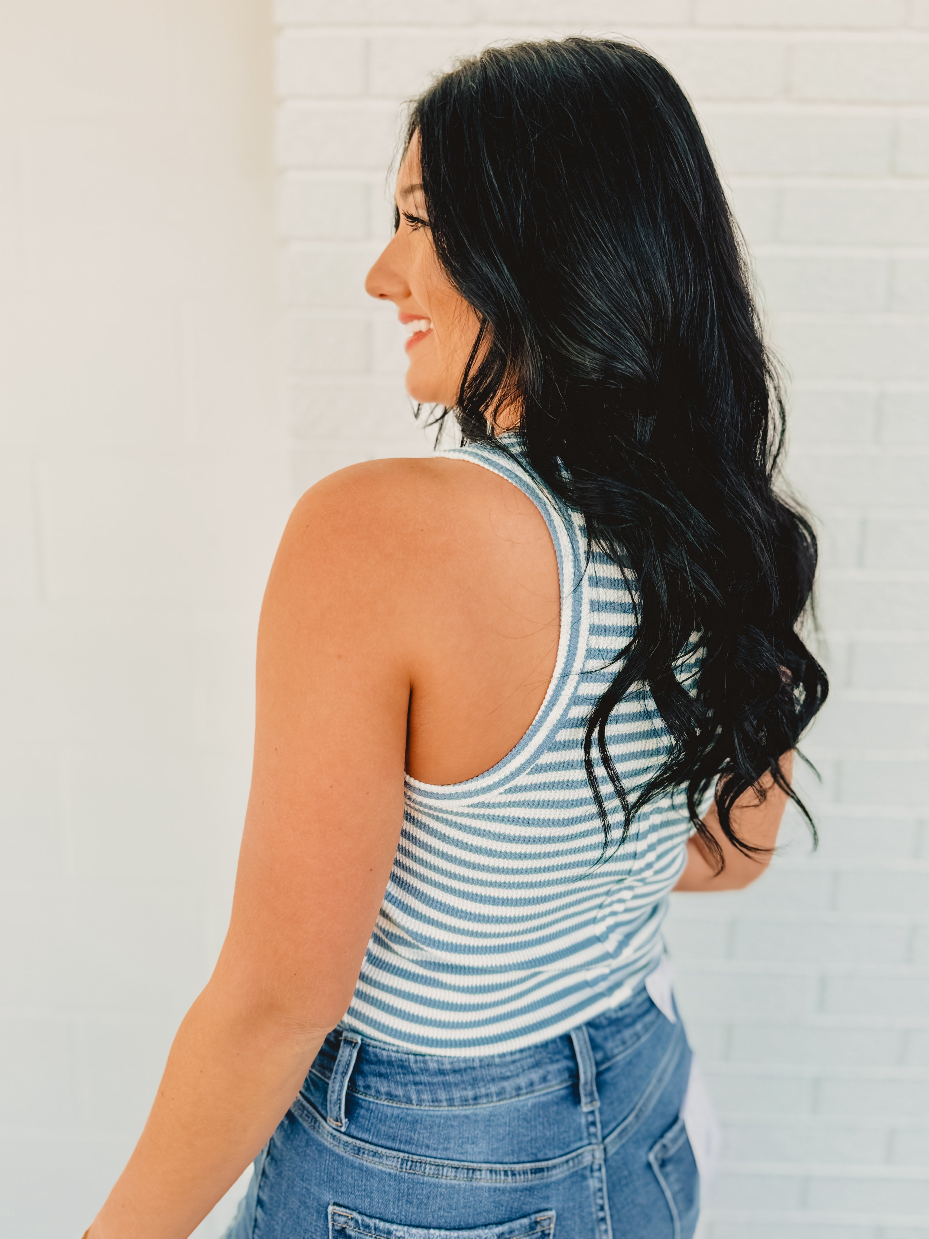 Striped & Solid Button Down Knit Tank Top - Sky Striped & Solid Button Down Knit Tank Top - Sky