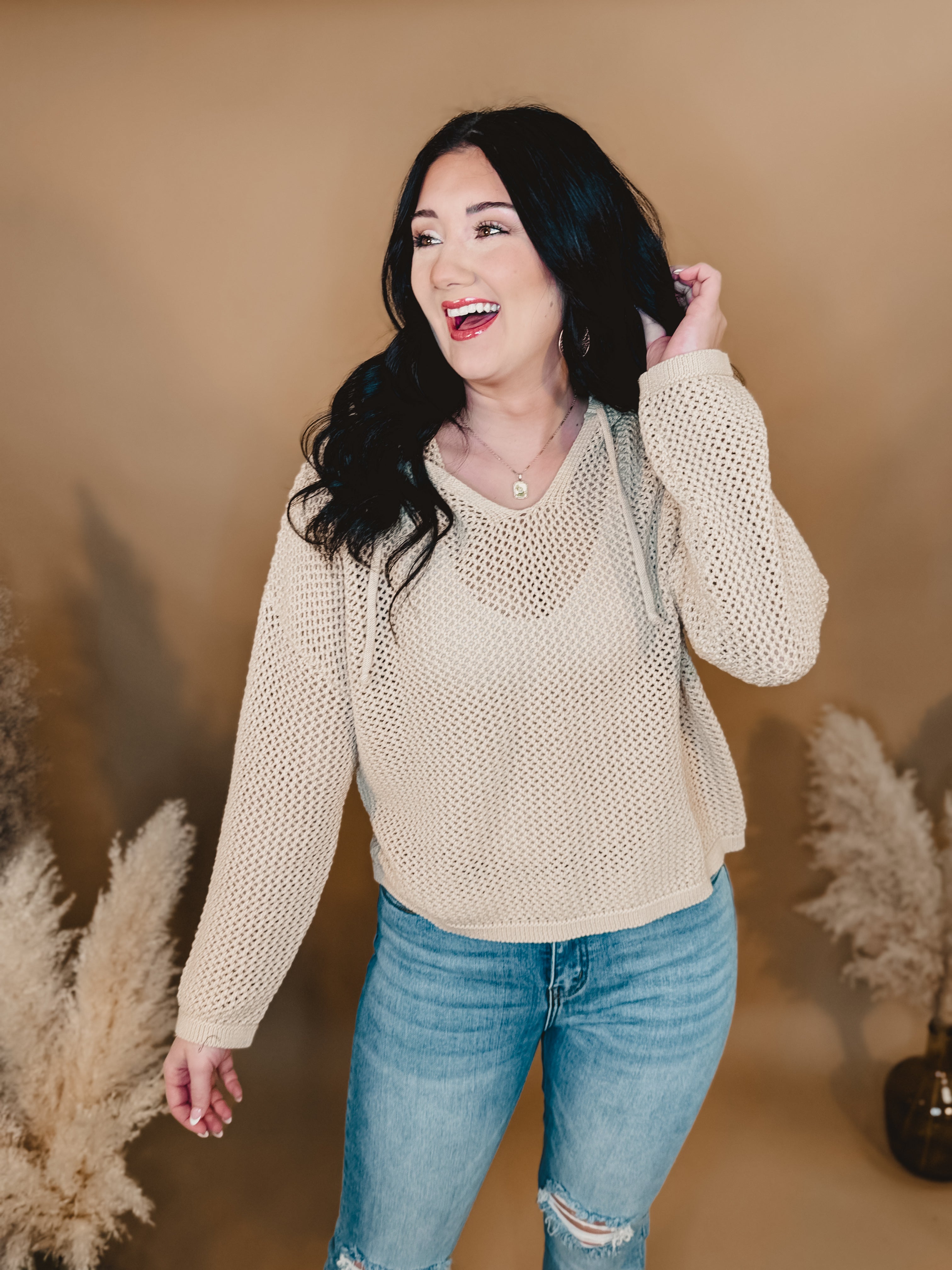 Open Knit Sweater Hoodie - Taupe