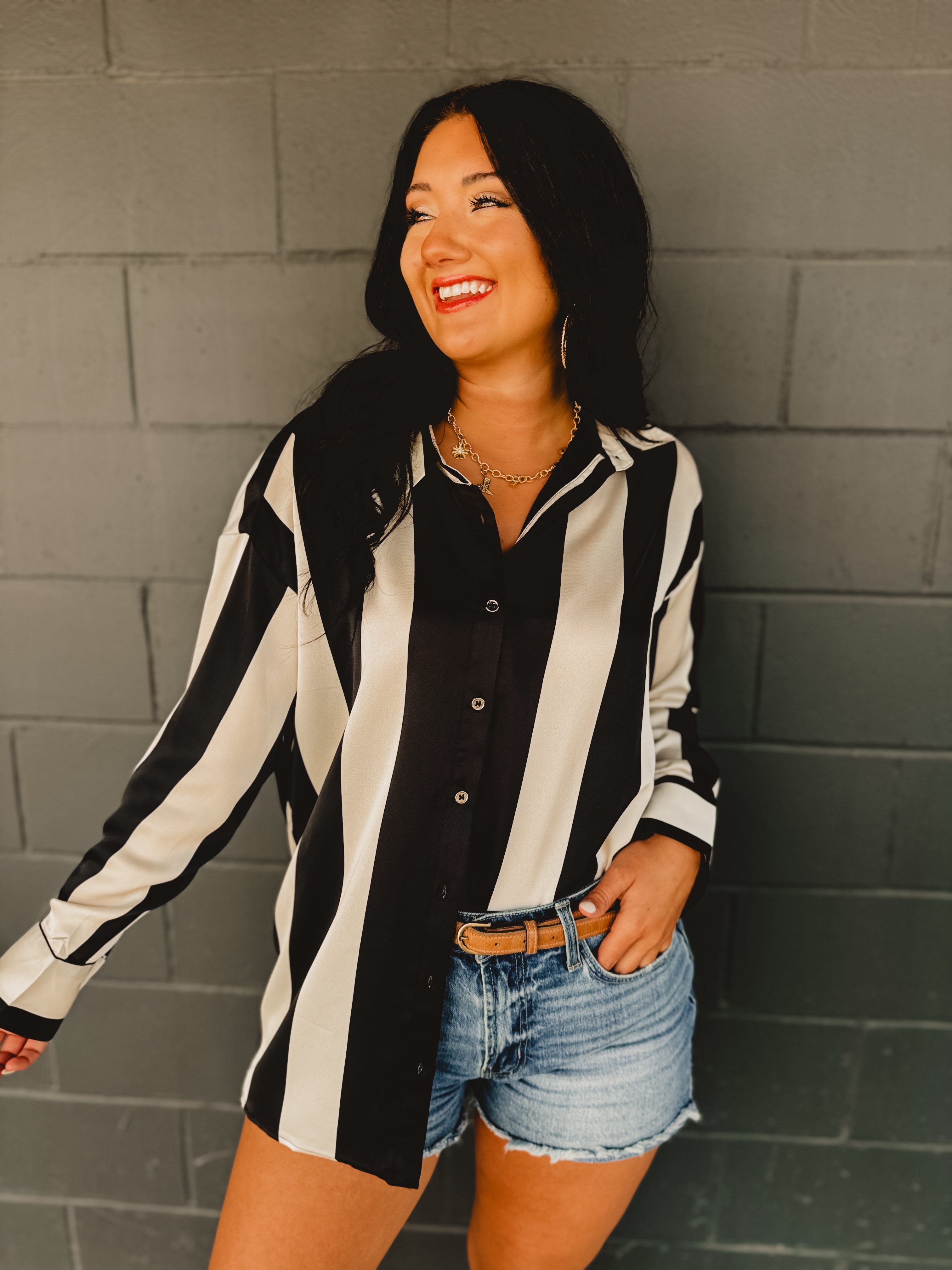 PREORDER Striped Satin Relaxed Fit Blouse - Black/Ivory PREORDER Striped Satin Relaxed Fit Blouse - Black/Ivory