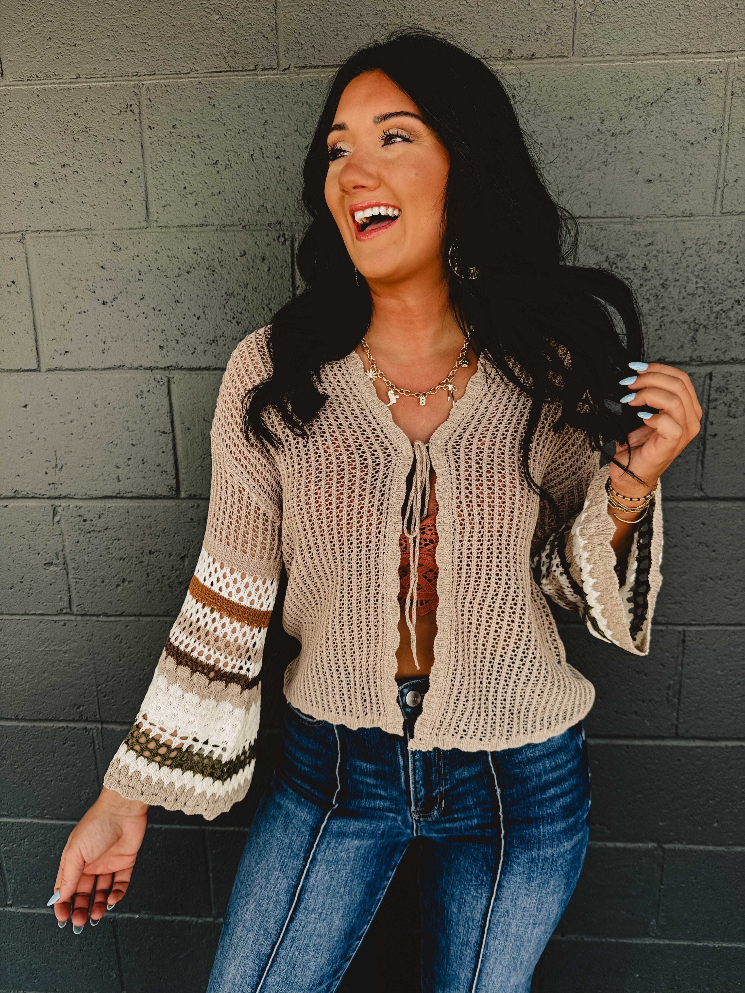 Striped Sleeve Detail Crochet Cardigan - Mocha/Olive Striped Sleeve Detail Crochet Cardigan - Mocha/Olive