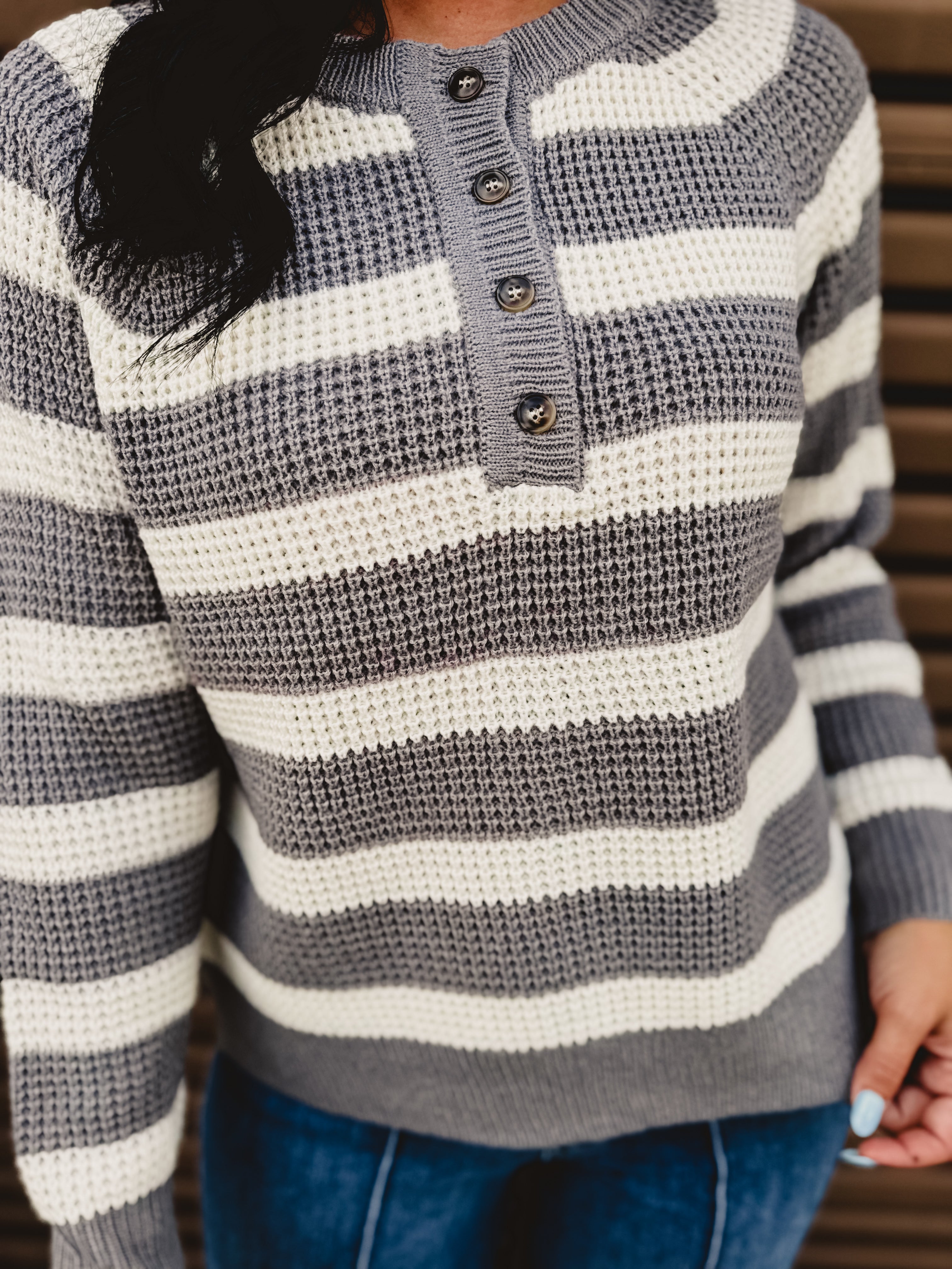 Sweater Knit Long Sleeve Top - Grey/Ivory Sweater Knit Long Sleeve Top - Grey/Ivory