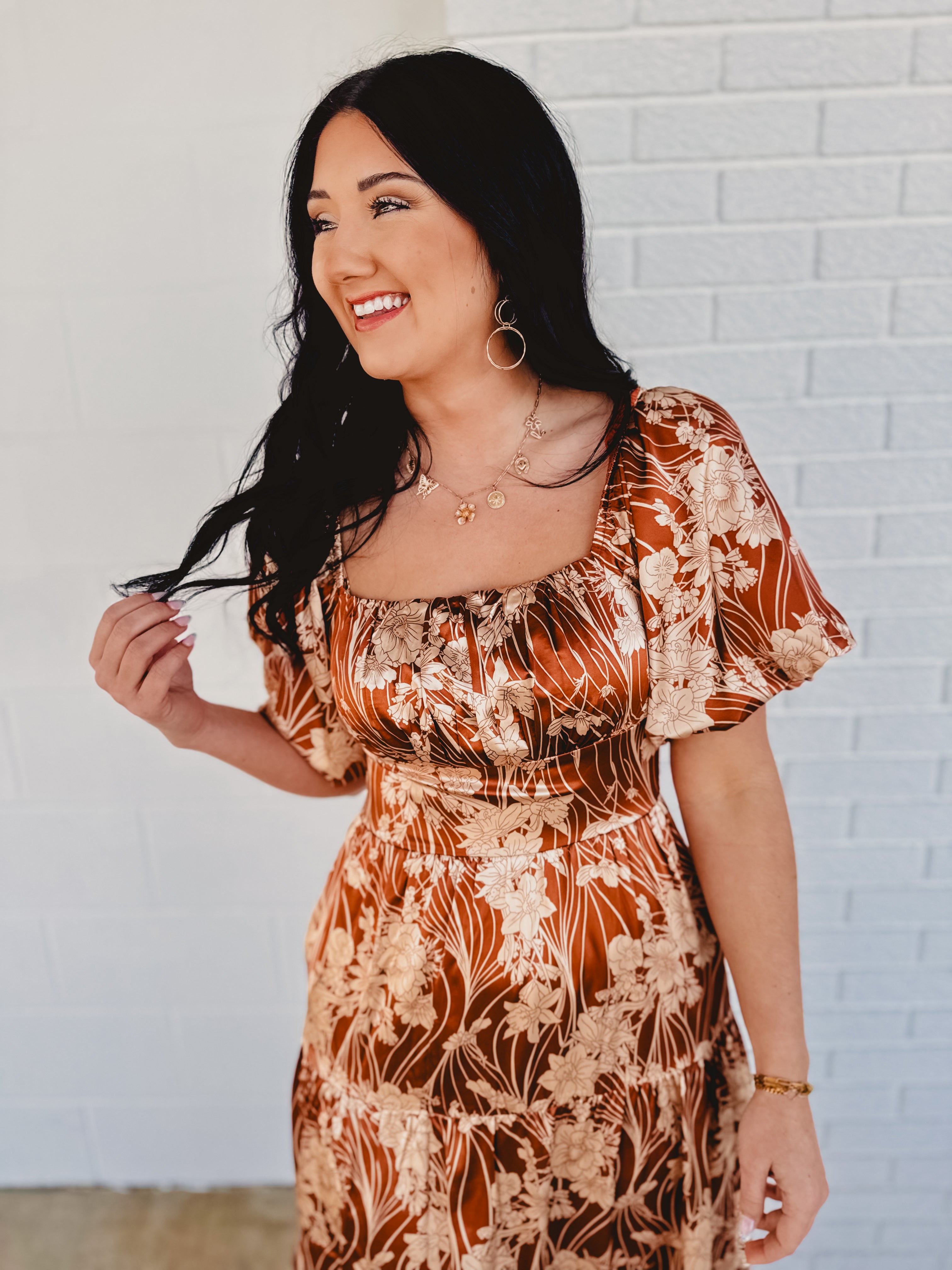 Puff Sleeve Floral Silky Maxi Dress - Butterscotch Puff Sleeve Floral Silky Maxi Dress - Butterscotch