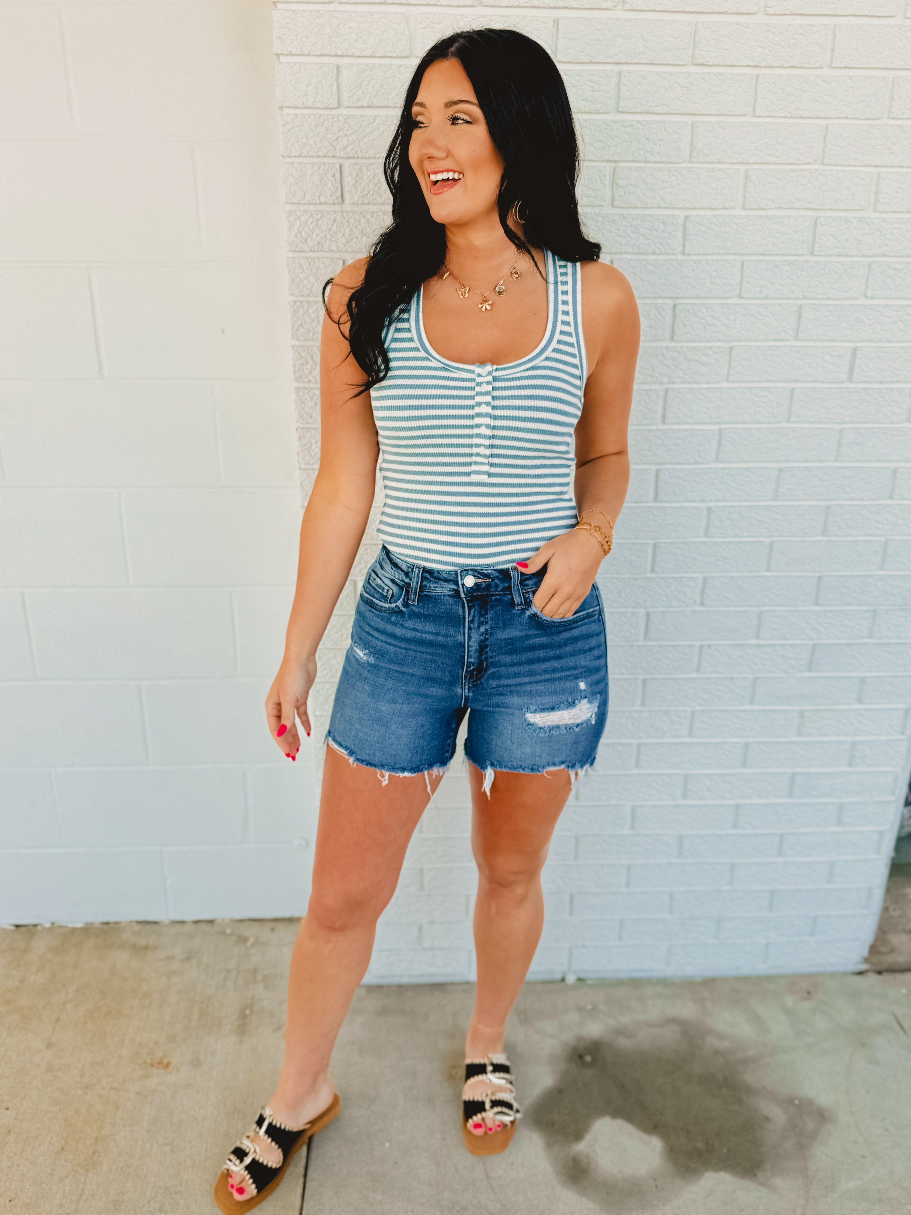 Striped & Solid Button Down Knit Tank Top - Sky Striped & Solid Button Down Knit Tank Top - Sky