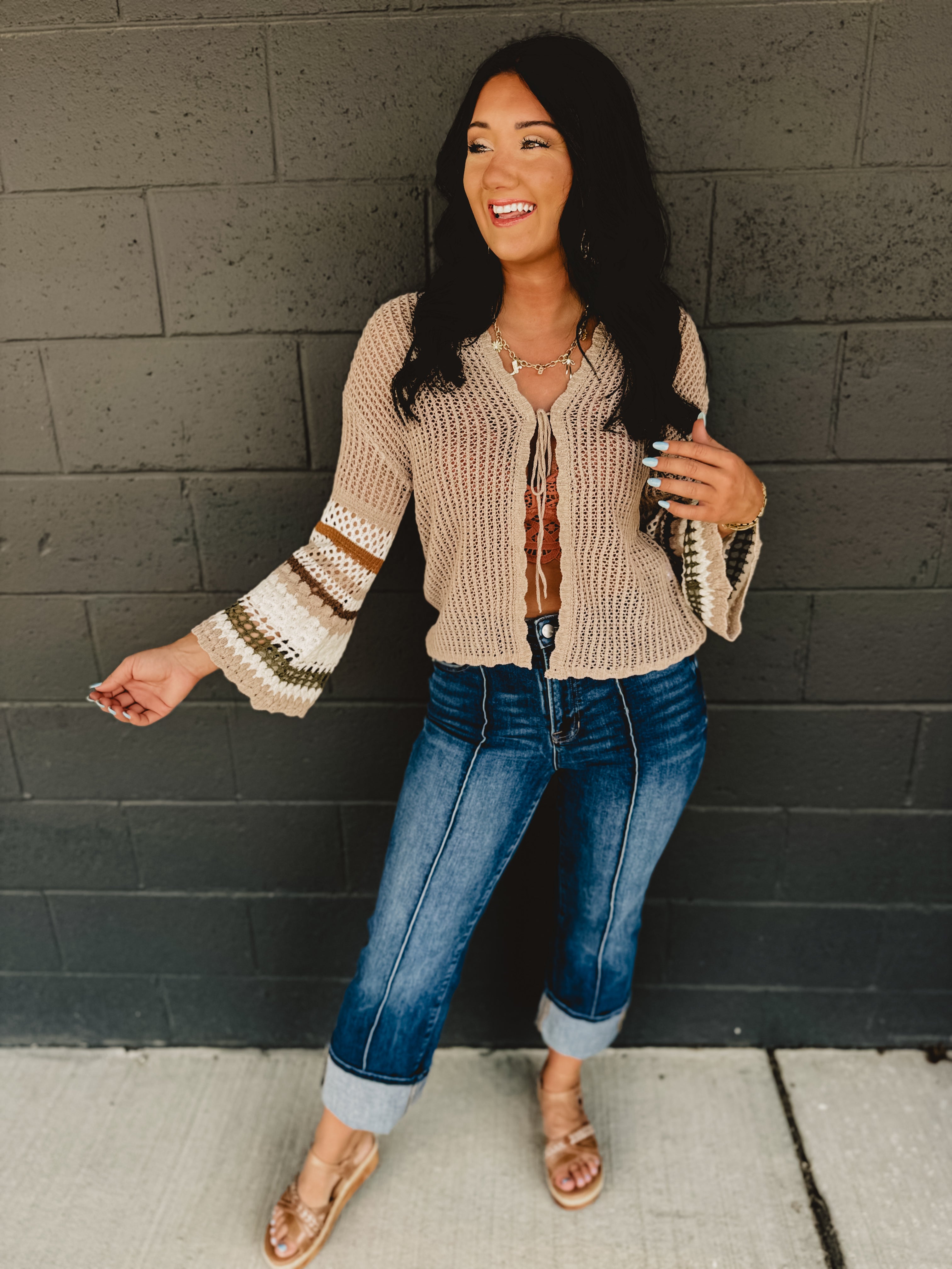 Striped Sleeve Detail Crochet Cardigan - Mocha/Olive Striped Sleeve Detail Crochet Cardigan - Mocha/Olive
