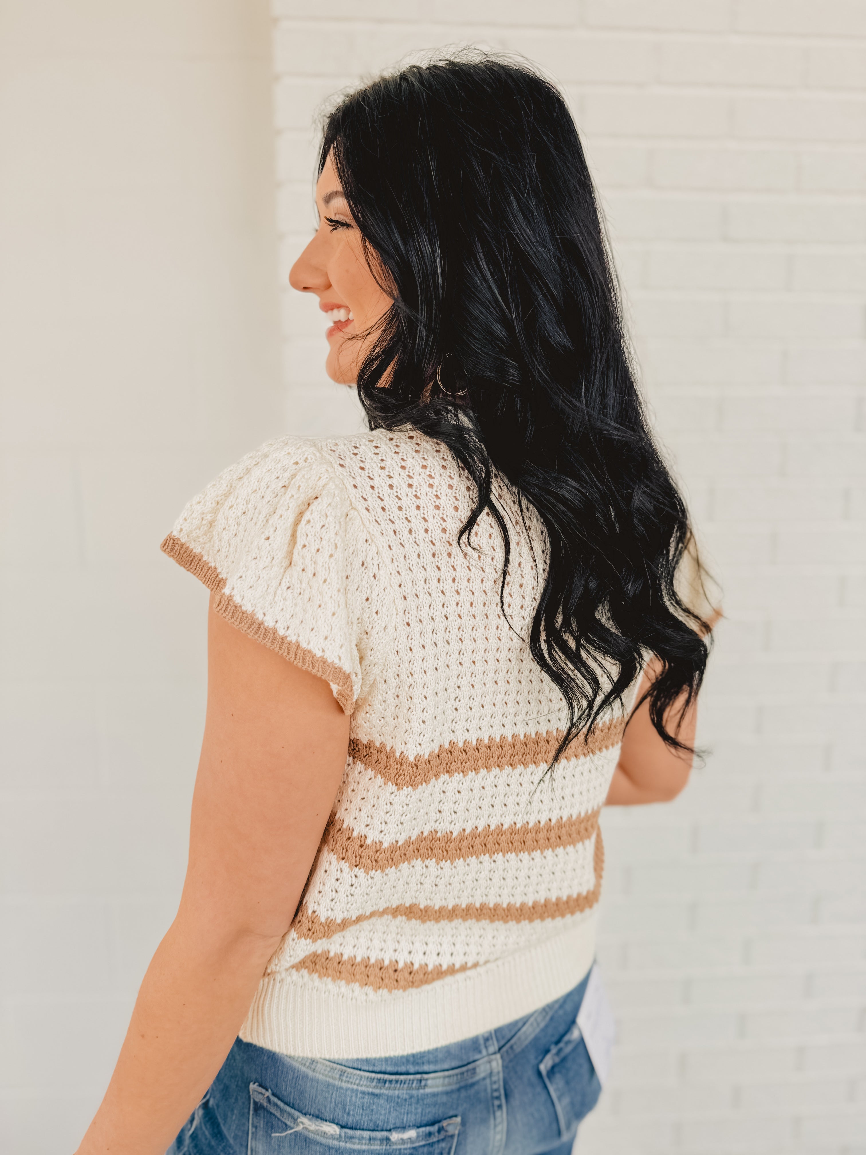 Stripe Short Sleeve Crochet Knit Top - Khaki/Cream Stripe Short Sleeve Crochet Knit Top - Khaki/Cream