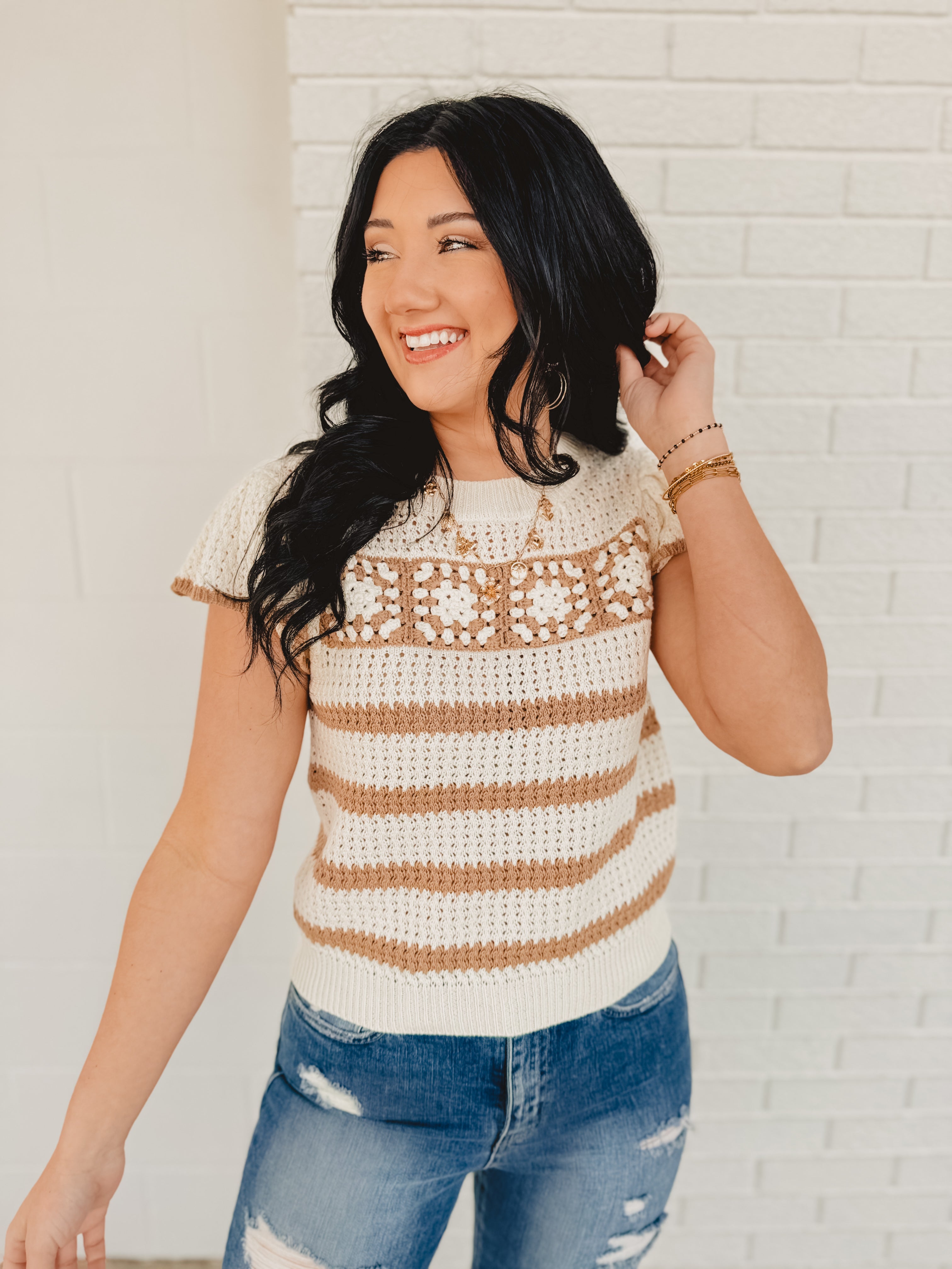 Stripe Short Sleeve Crochet Knit Top - Khaki/Cream Stripe Short Sleeve Crochet Knit Top - Khaki/Cream