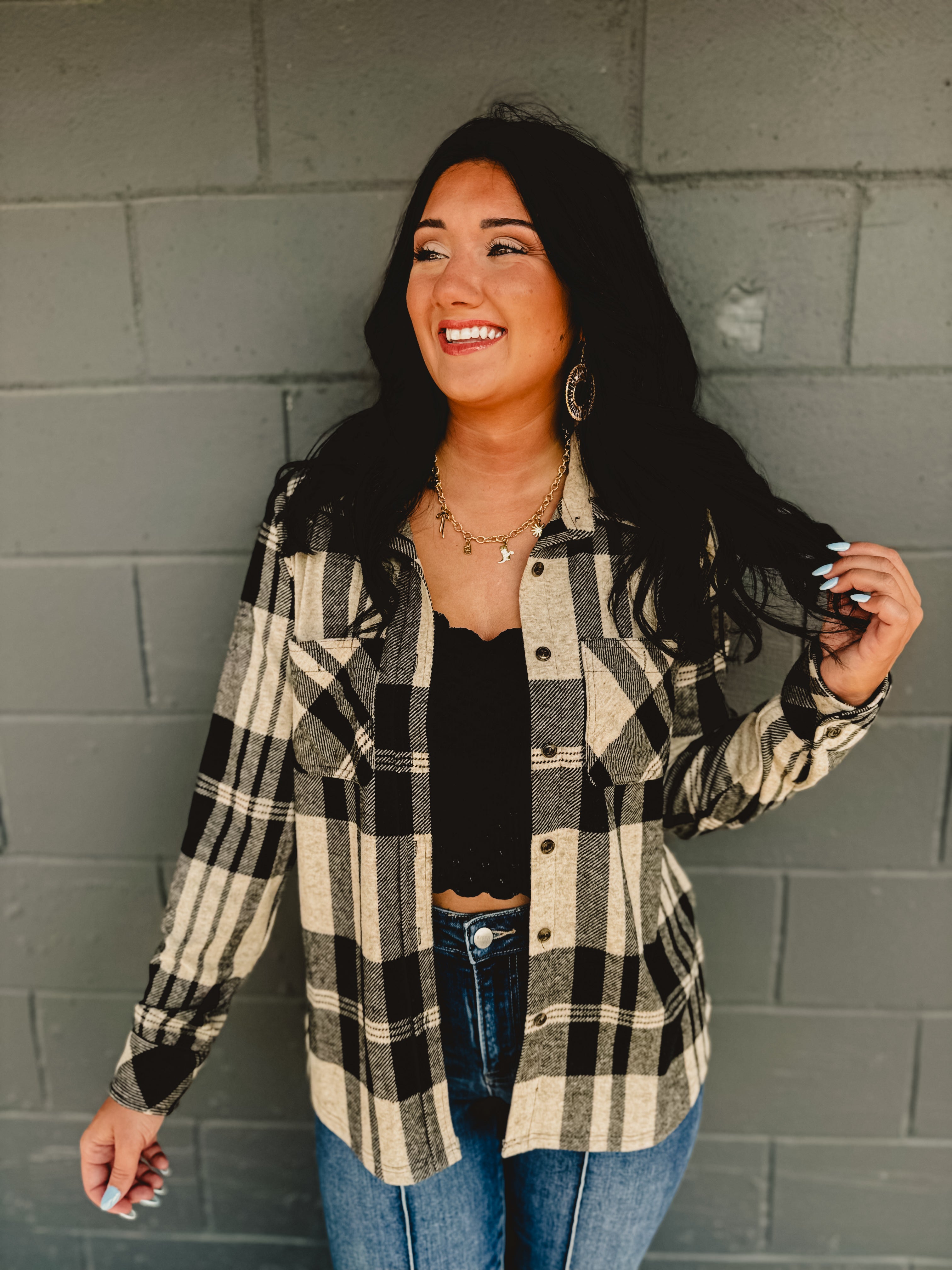 Plaid Button Up Flannel - Tan/Black Plaid Button Up Flannel - Tan/Black