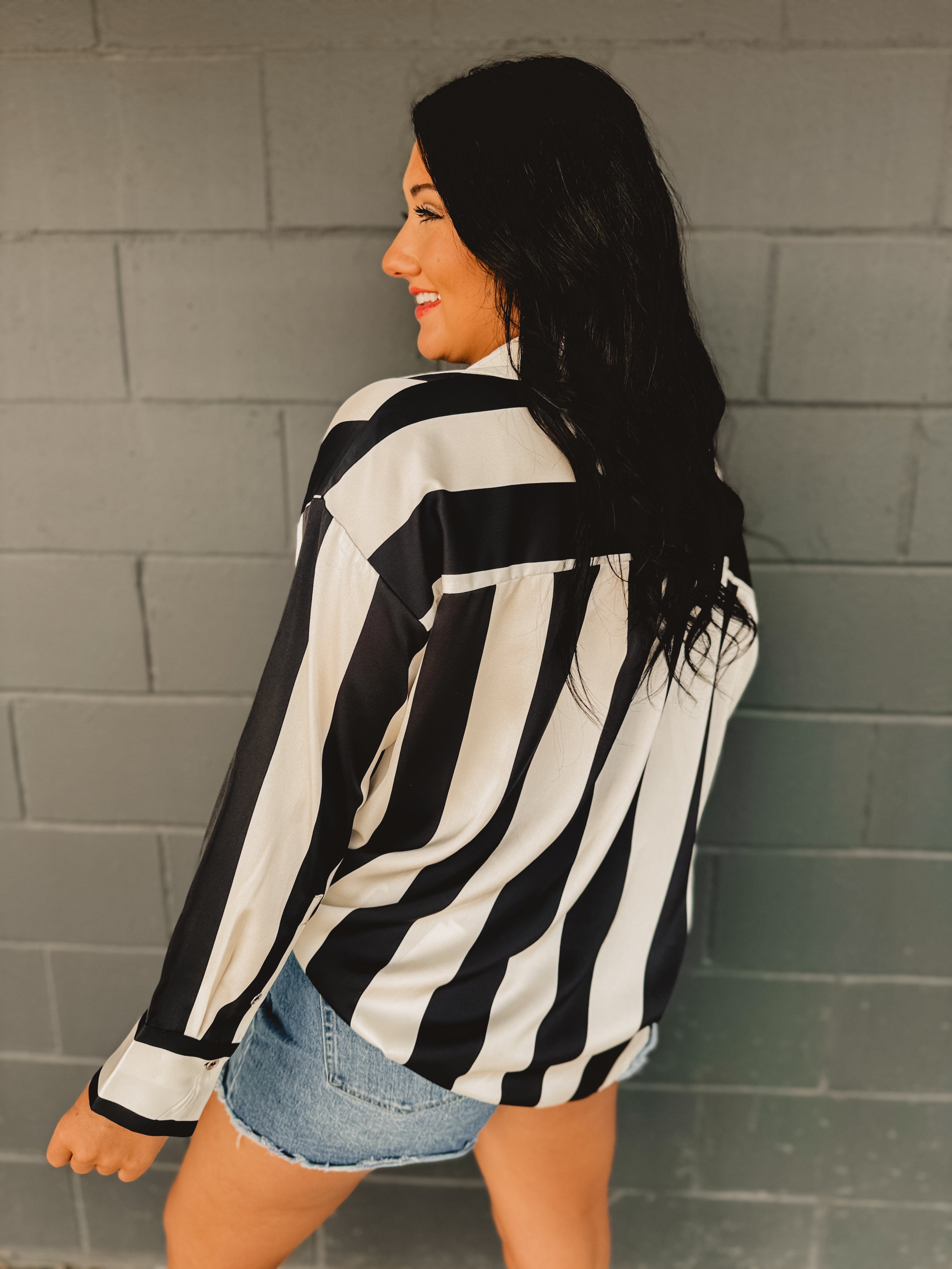 PREORDER Striped Satin Relaxed Fit Blouse - Black/Ivory PREORDER Striped Satin Relaxed Fit Blouse - Black/Ivory