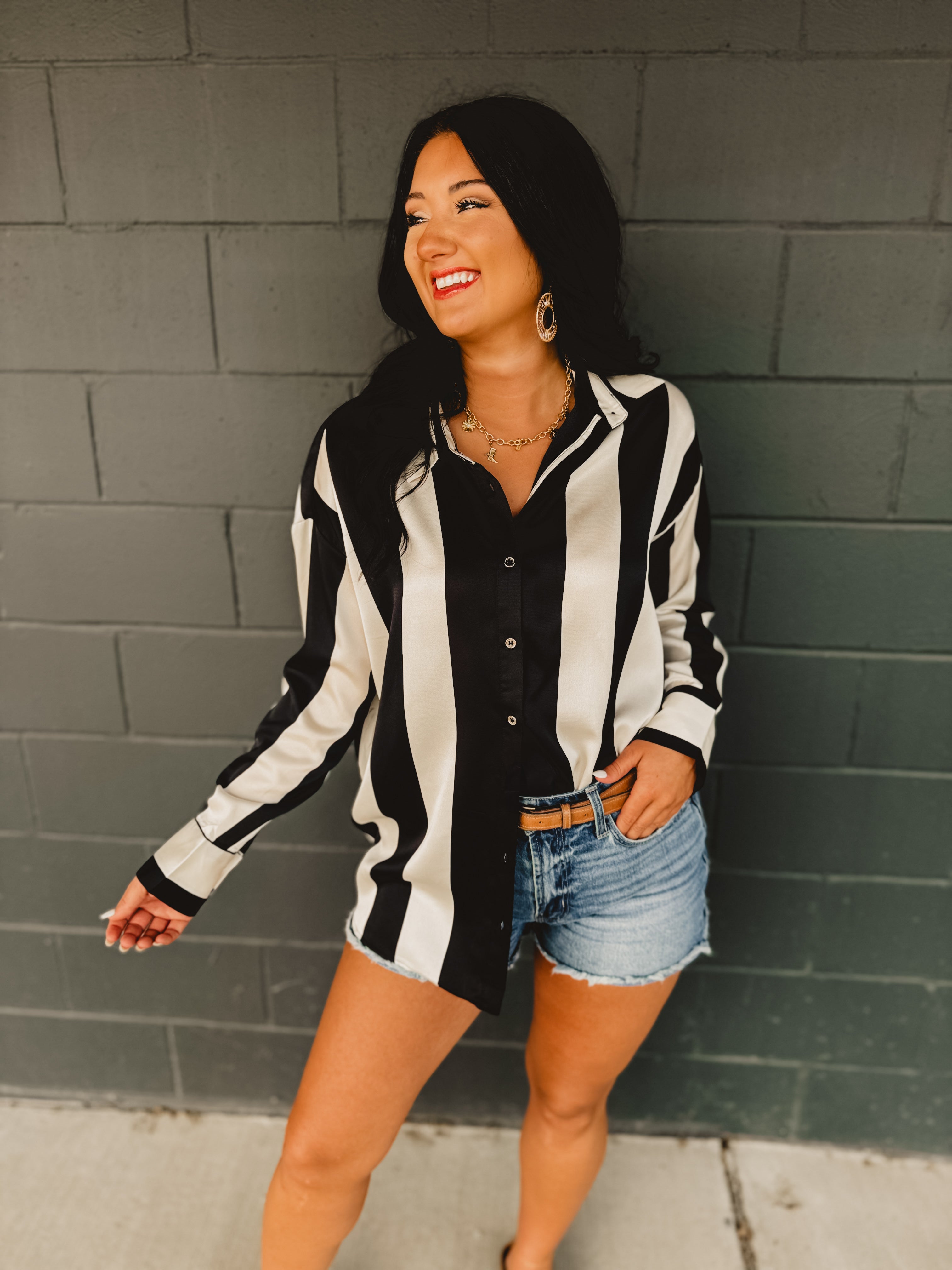 PREORDER Striped Satin Relaxed Fit Blouse - Black/Ivory PREORDER Striped Satin Relaxed Fit Blouse - Black/Ivory