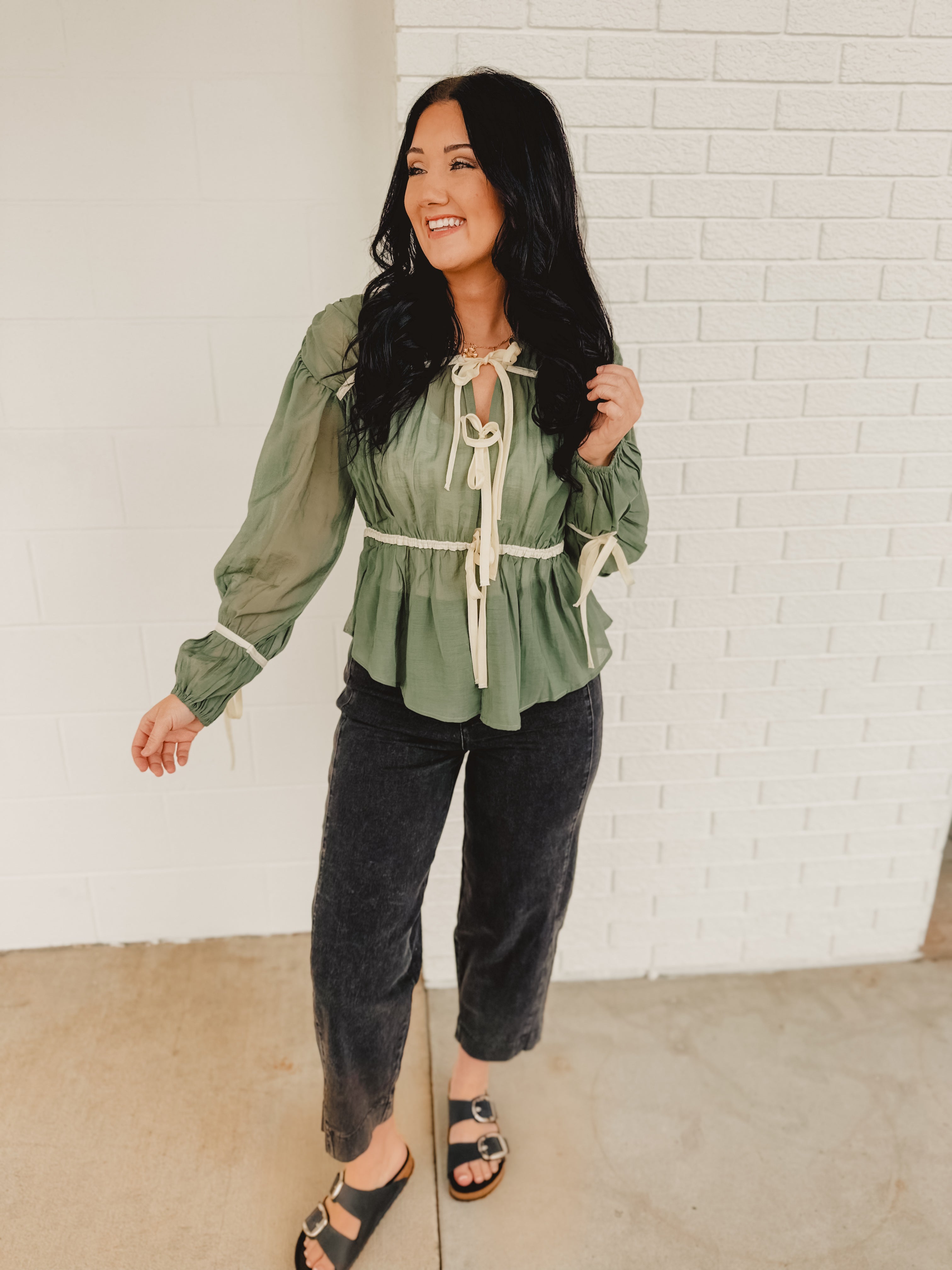 Tie Front Contrast Long Sleeve Top - Emerald Tie Front Contrast Long Sleeve Top - Emerald