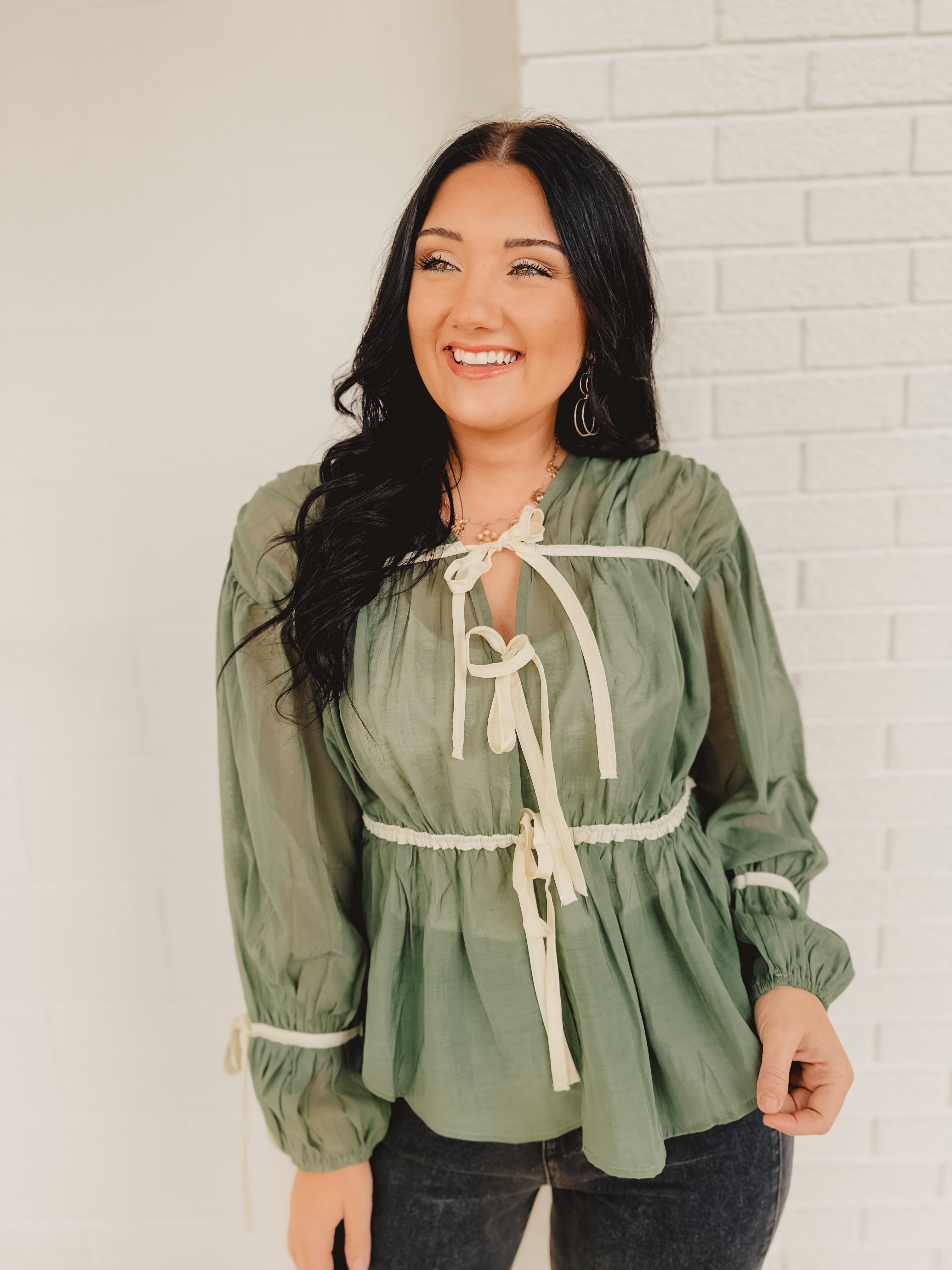 Tie Front Contrast Long Sleeve Top - Emerald Tie Front Contrast Long Sleeve Top - Emerald