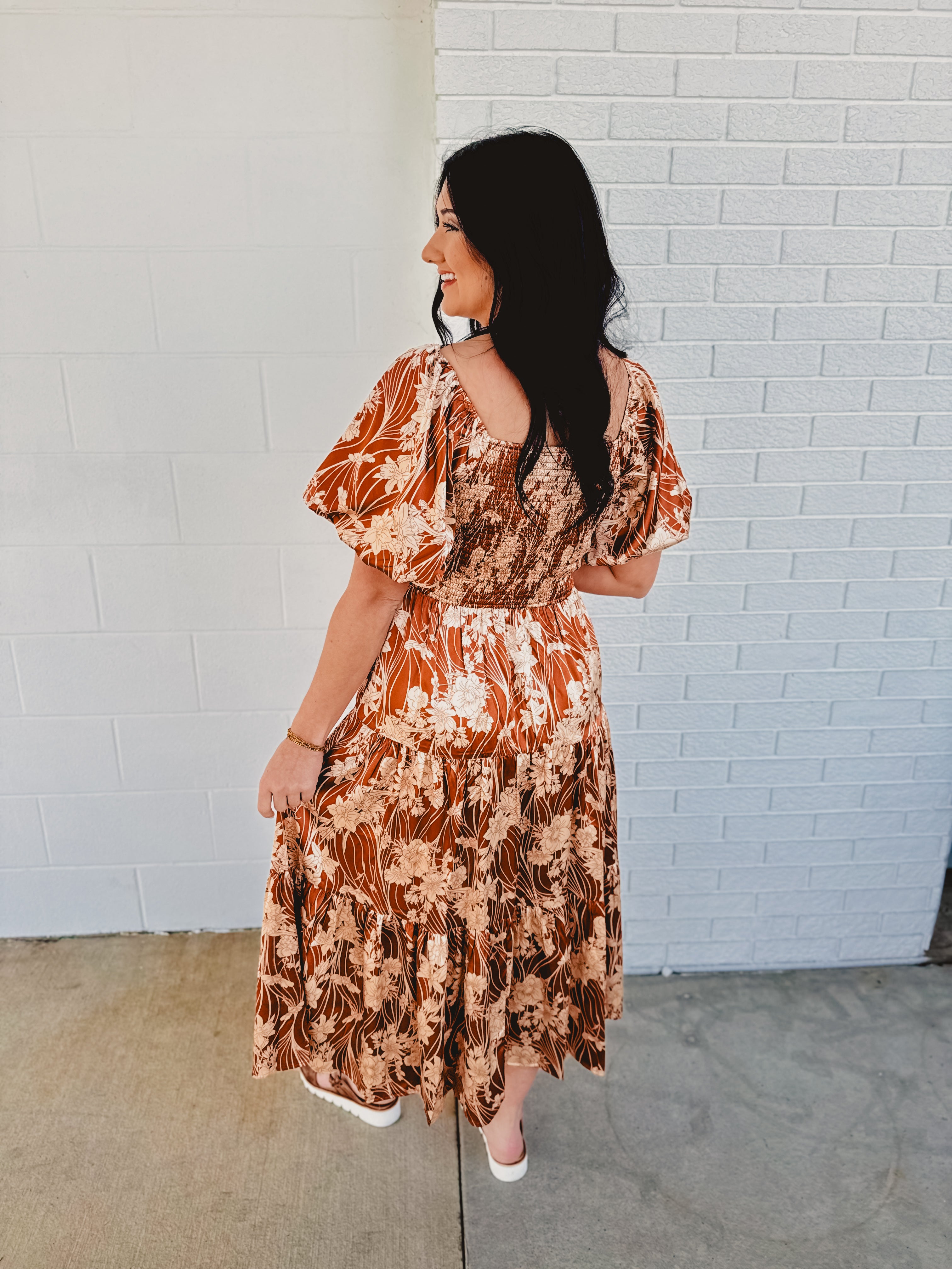 Puff Sleeve Floral Silky Maxi Dress - Butterscotch Puff Sleeve Floral Silky Maxi Dress - Butterscotch