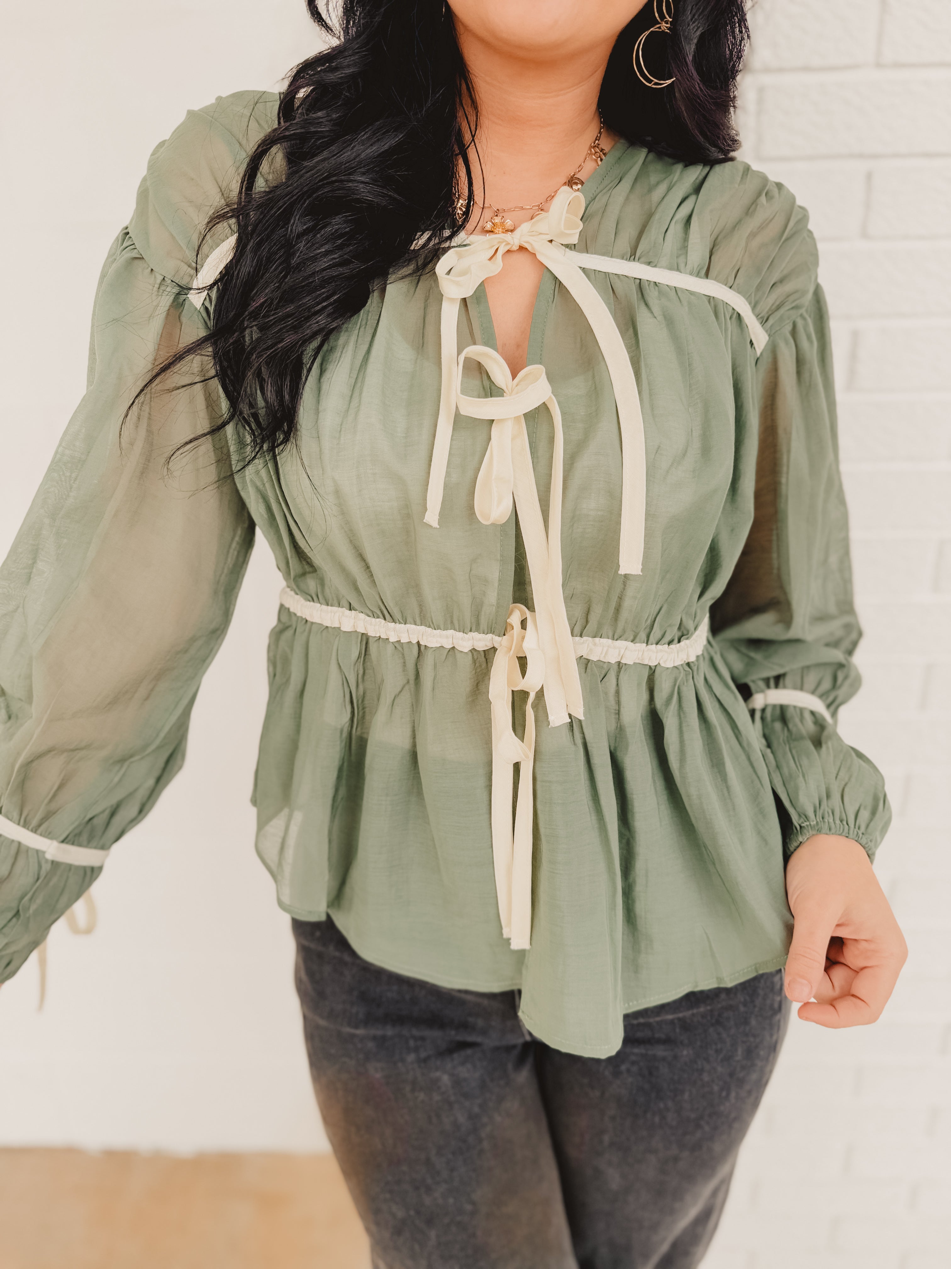 Tie Front Contrast Long Sleeve Top - Emerald Tie Front Contrast Long Sleeve Top - Emerald