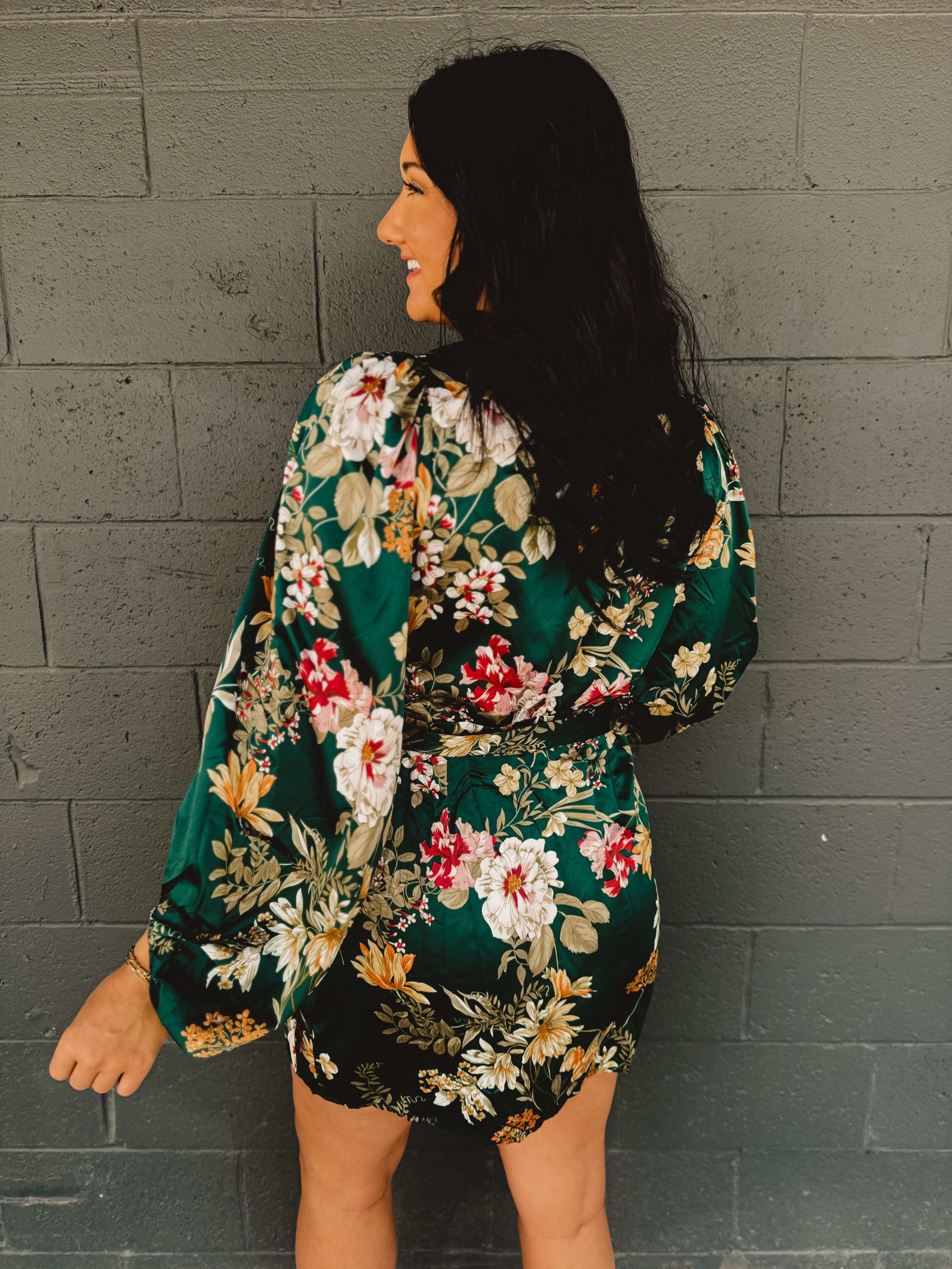 Floral Satin Wrap Dress - Emerald Floral Satin Wrap Dress - Emerald