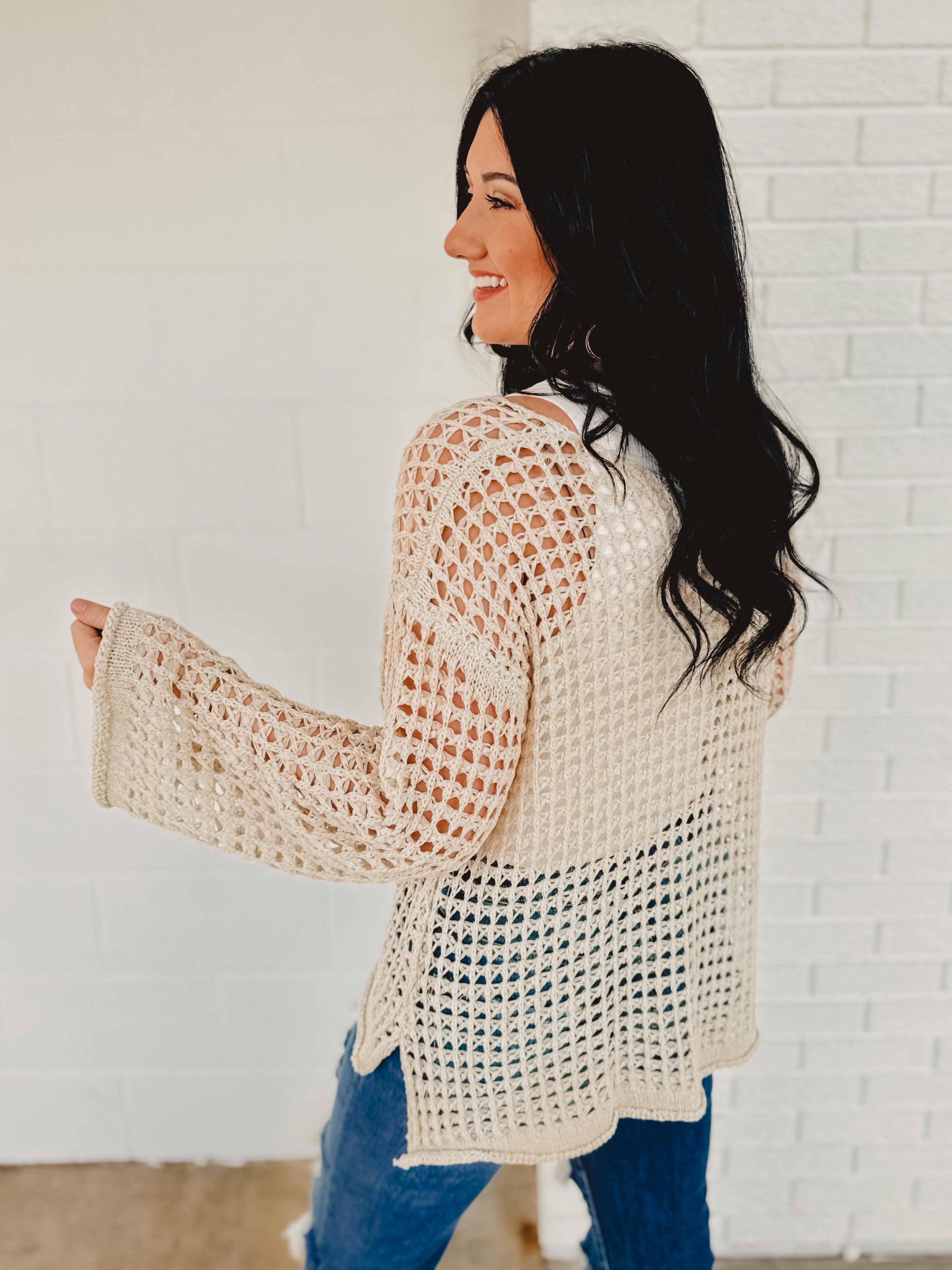POL Dropped Shoulder Open Knit Boat Neck Sweater Top - Natural POL Dropped Shoulder Open Knit Boat Neck Sweater Top - Natural