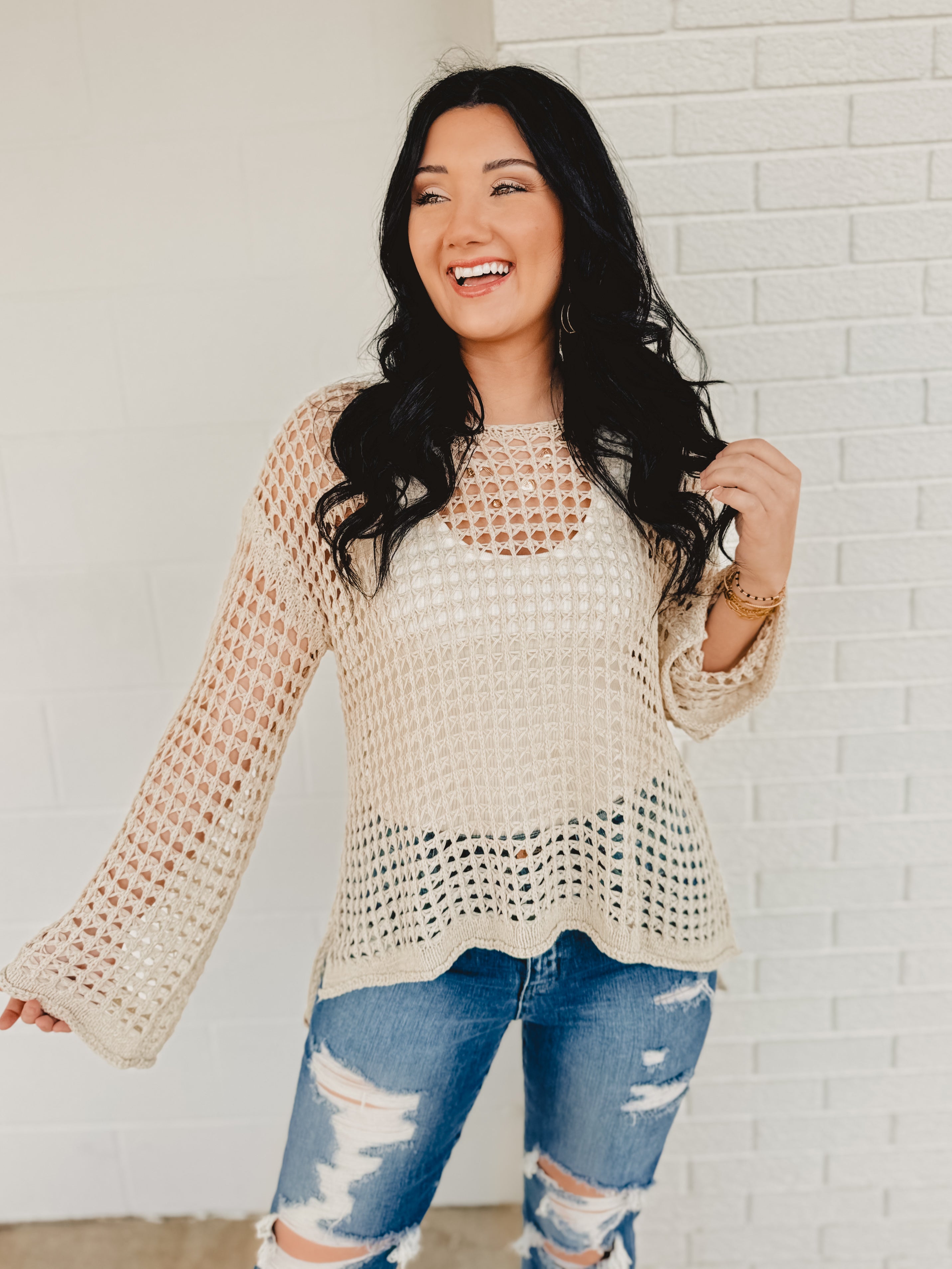 POL Dropped Shoulder Open Knit Boat Neck Sweater Top - Natural POL Dropped Shoulder Open Knit Boat Neck Sweater Top - Natural