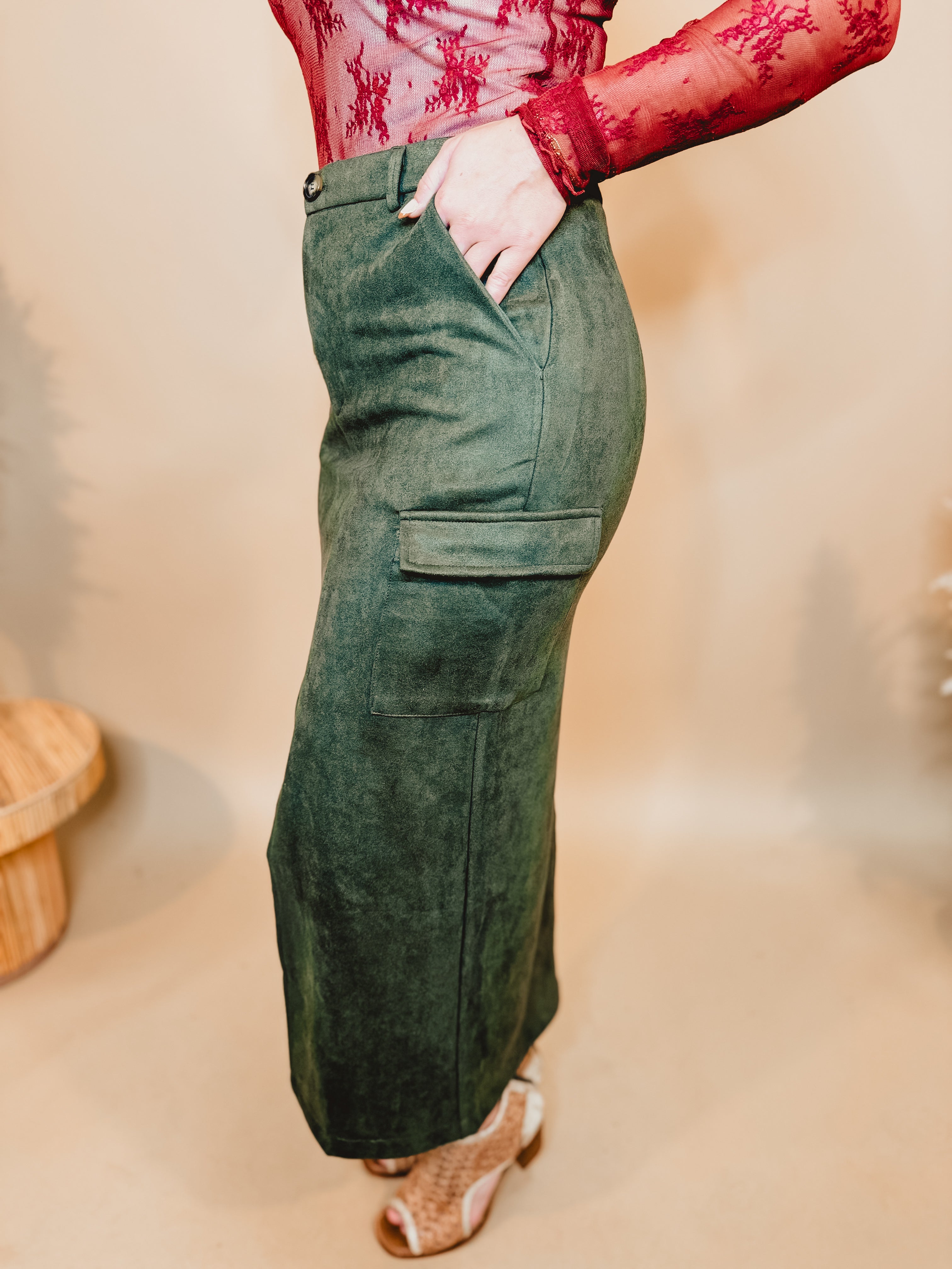 Suede Cargo Midi Skirt With Slit - Olive