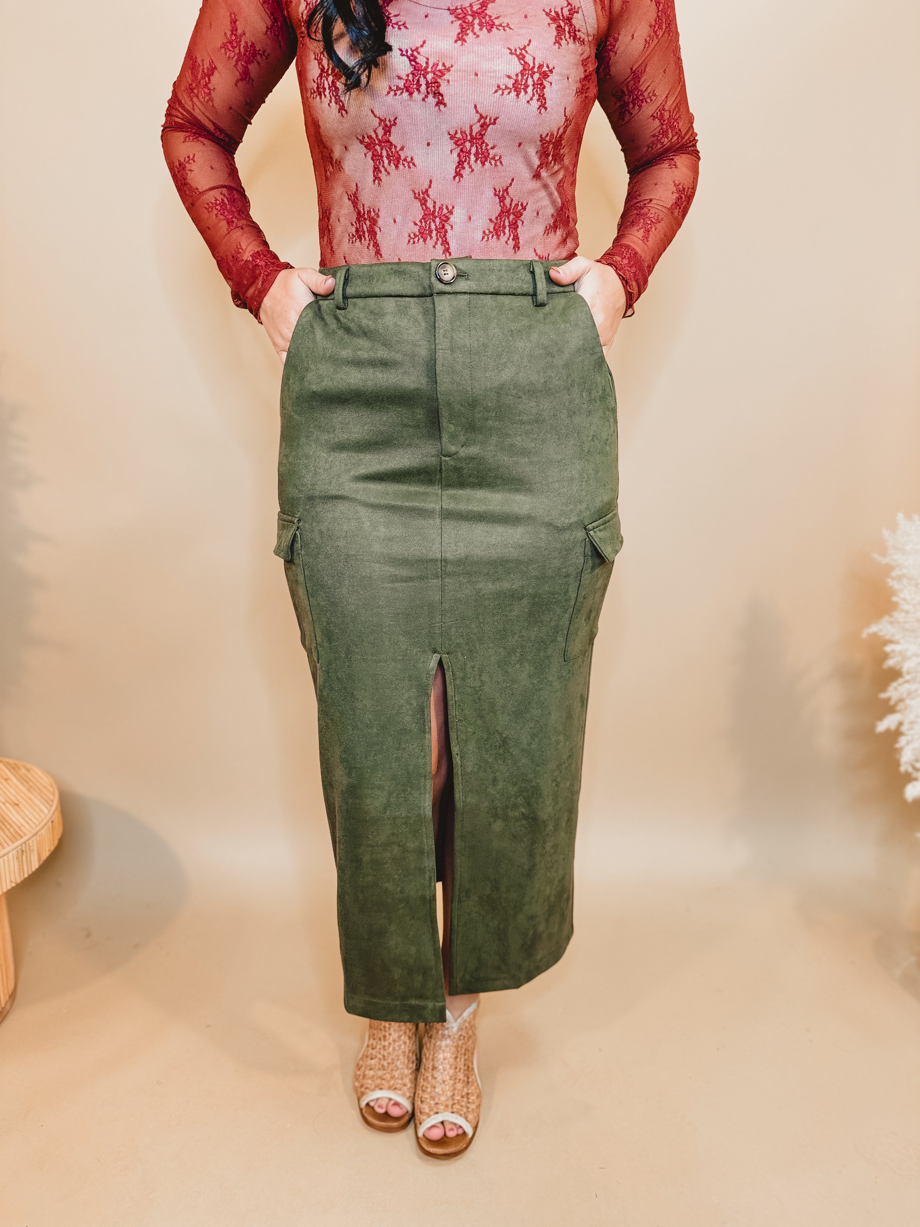 Suede Cargo Midi Skirt With Slit - Olive