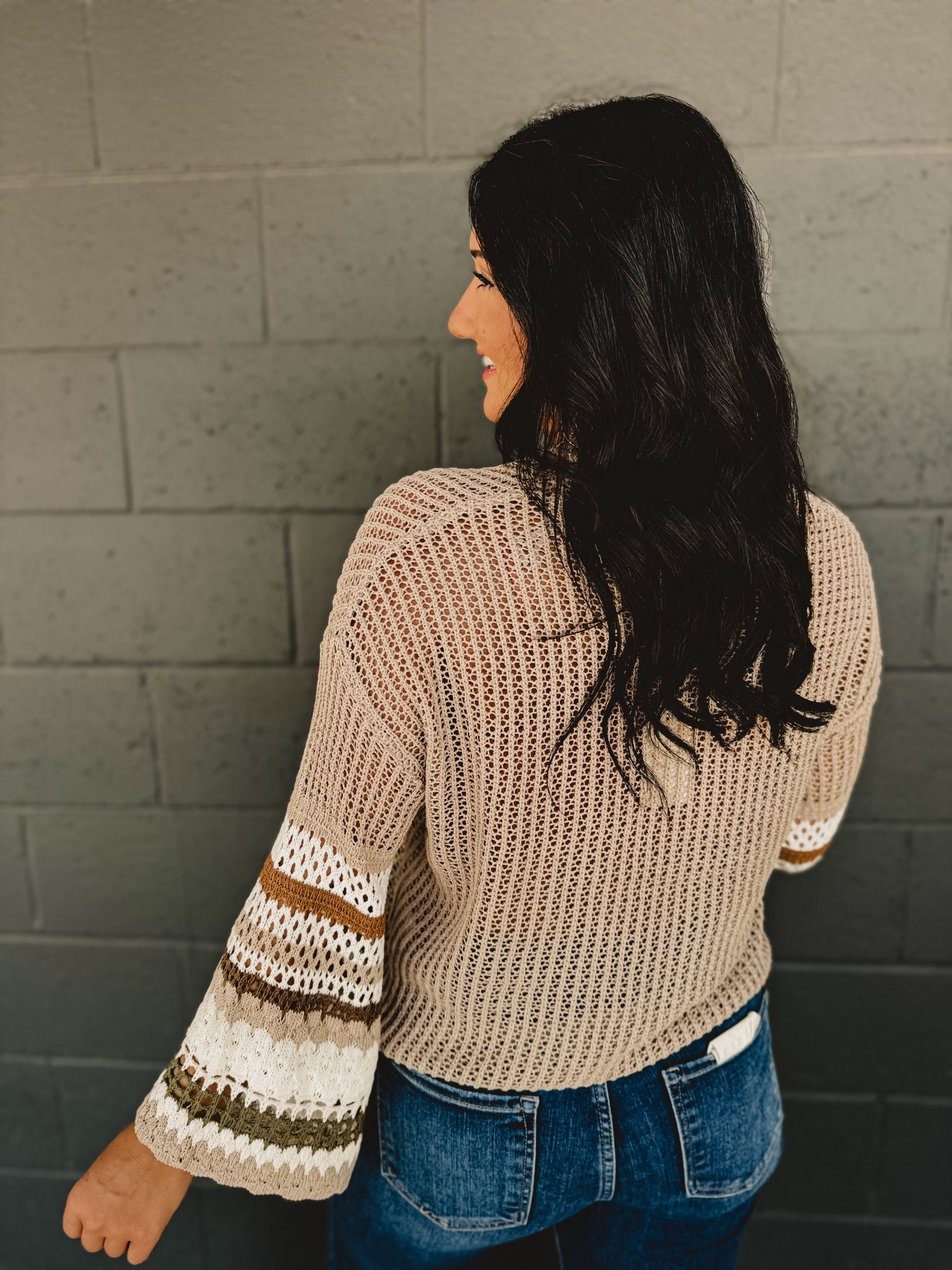 Striped Sleeve Detail Crochet Cardigan - Mocha/Olive Striped Sleeve Detail Crochet Cardigan - Mocha/Olive