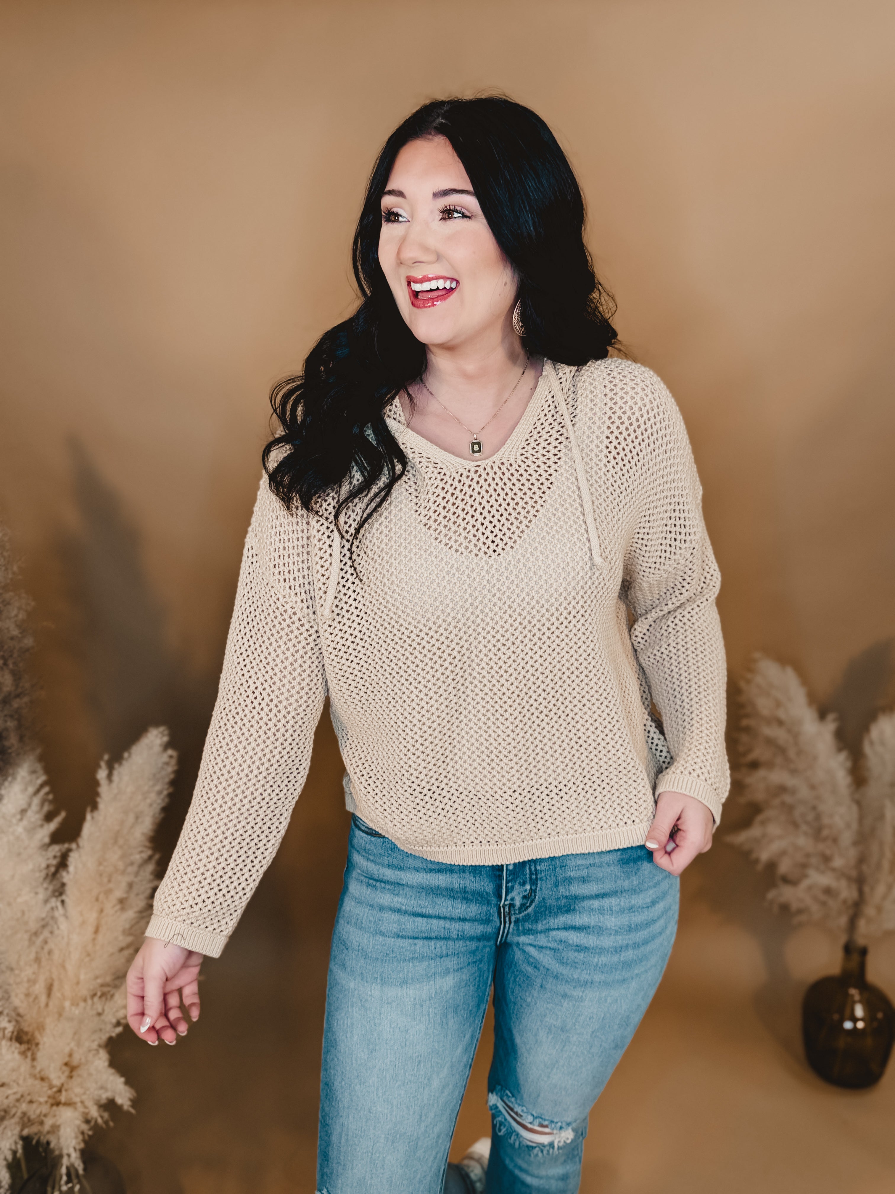Open Knit Sweater Hoodie - Taupe